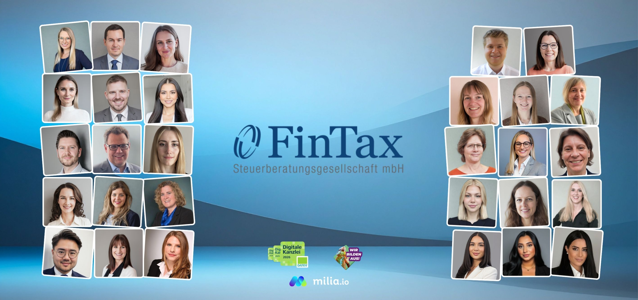Alle Mitarbeiter sind mit einem Foto vertreten. In der Mitte befindet sich das Fintax Logo.