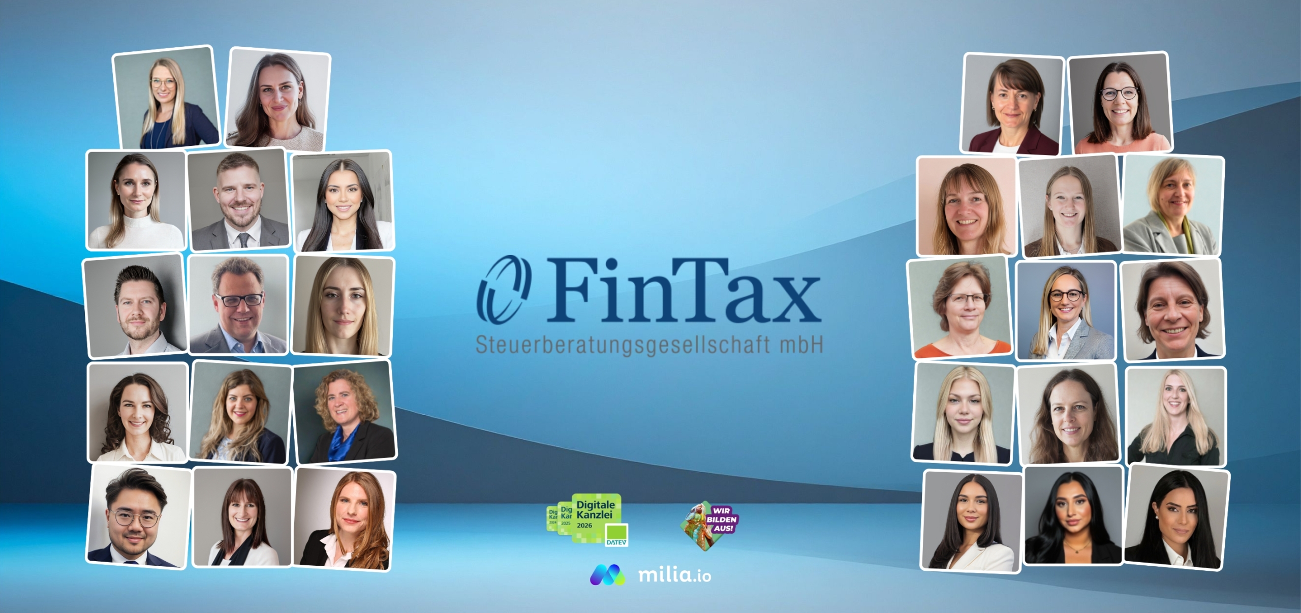 Alle Mitarbeiter sind mit einem Foto vertreten. In der Mitte befindet sich das Fintax Logo.